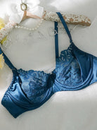 Blue lace satin mesh push-up lingerie set with three pieces, designed by Lumina Vancouver, featuring delicate lace and sexy fit.