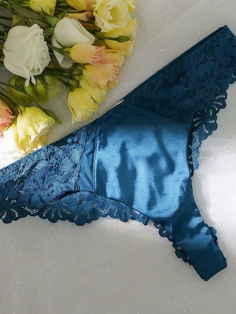 Blue lace satin mesh push-up lingerie set with matching bra, panties, and garter belt from Lumina Vancouver, 3-piece sexy lingerie.