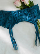 Blue lace satin mesh push-up lingerie set with matching panties and bra, 3-piece sexy lingerie set from Lumina Vancouver.