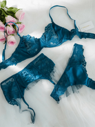 Blue lace satin mesh push-up lingerie set by Lumina Vancouver, includes three-piece sexy lingerie with delicate lace and satin details.