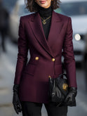 Burgundy double-breasted blazer with gold accents from Lumina Wear, featuring tailored fit and stylish gold buttons.