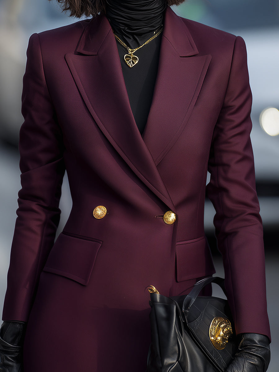 Burgundy double-breasted blazer with gold accents from Lumina Wear, shown on a mannequin, style-focused and tailored fit.