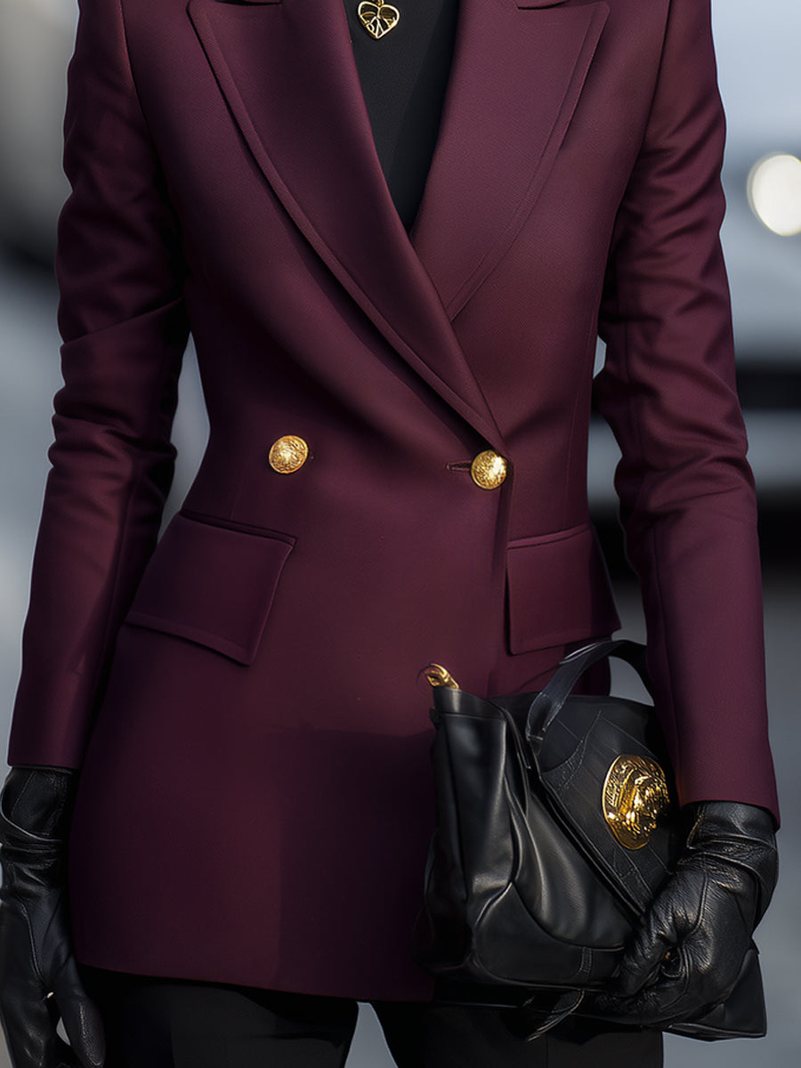 Burgundy double-breasted blazer with gold accents from Lumina Wear, featuring tailored fit and stylish lapels.