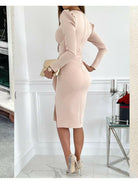 Khaki Caitlyn V-Neck Tie Straps Midi Dress by Lumina Vancouver displayed on a mannequin. Stylish and elegant dress design.