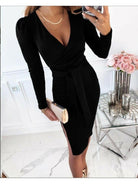 Khaki Caitlyn V-Neck Tie Straps Midi Dress by Lumina Vancouver, featuring stylish V-neck and waist tie details.