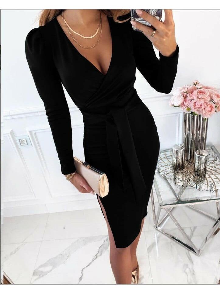 Khaki Caitlyn V-Neck Tie Straps Midi Dress by Lumina Vancouver, featuring stylish V-neck and waist tie details.