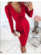 Khaki Caitlyn V-neck tie straps midi dress by Lumina Vancouver, stylish dress with a flattering V-neck and elegant design.