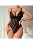 Lumina Vancouver Emmanuelle Bodysuit in black, fitted with sleek fabric and scoop neckline, displayed on a white background.