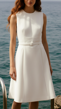 White Camille belted mini dress by Lumina Wear, shown on a model, featuring a fitted silhouette and stylish belt detail.