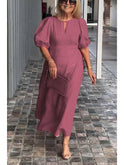 Red Carla puff-sleeve dress by Lumina Wear featuring elegant, fitted design and stylish puffed sleeves.