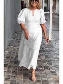 Red Carla elegant puff-sleeve dress by Lumina Wear, showcasing its stylish design and fitted silhouette.
