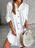 White Cassy™ Button-Up Shirt Dress by Lumina Vancouver, casual and stylish, shown on a model.