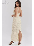 Lumina Vancouver Catalina Glamour A-Line floral maxi dress for wedding guests, featuring a elegant, flowing design with floral pattern.