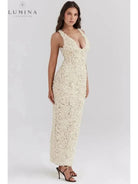 Lumina Vancouver Catalina Glamour A-Line floral maxi dress for wedding guests, featuring a flowy silhouette and vibrant floral pattern.
