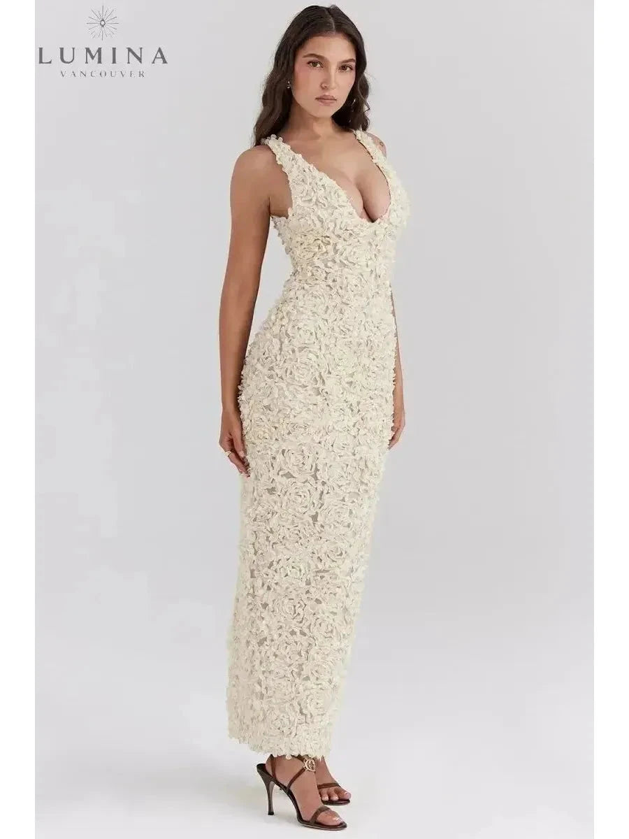 Lumina Vancouver Catalina Glamour A-Line floral maxi dress for wedding guests, featuring a flowy silhouette and vibrant floral pattern.