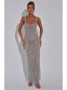 Lumina Vancouver Catherine™ sparkling maxi dress with elegant design, perfect for formal occasions, displayed on a hanger.