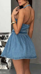 Blue Celeste halter denim dress by Lumina Vancouver, showcasing a stylish sleeveless design and fitted silhouette.