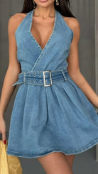 Blue Celeste halter denim dress by Lumina Vancouver, shown on a model, with a fitted bodice and casual style.