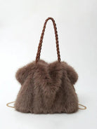 Brown plush velvet tote bag by Lumina Wear with a spacious design, perfect for stylish everyday use.