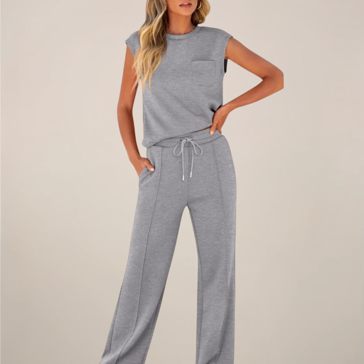 Charlotte relaxed fit two-piece pants set with drawstring from Lumina Wear, black women's set featuring comfortable, casual style.