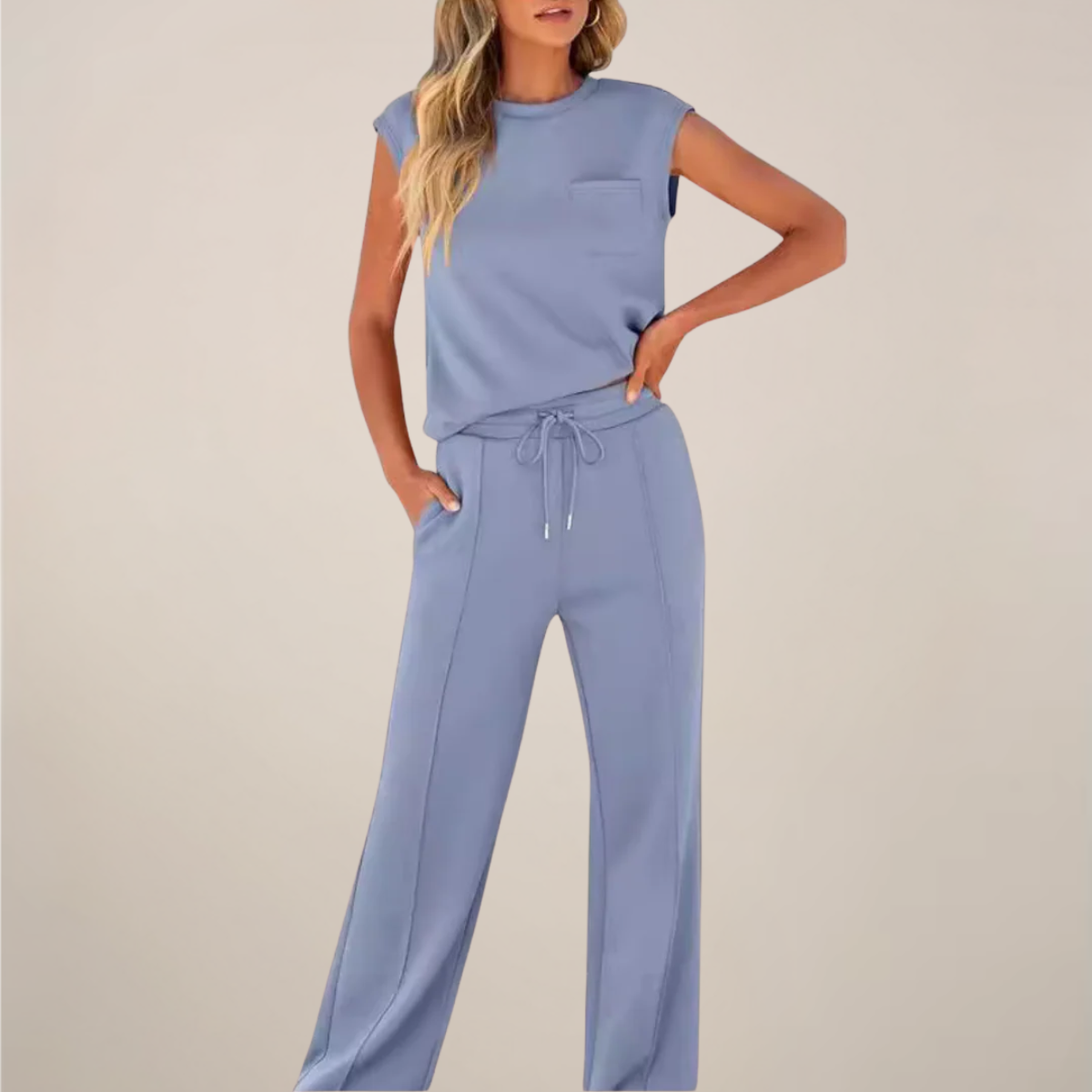 Charlotte relaxed fit two-piece pants set with drawstring from Lumina Wear, black women's casual outfit with comfortable fit.