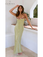Lime green Chelsey maxi dress with floral details, designed for wedding guests, by Lumina Vancouver.