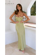 Lumina Vancouver Chelsey maxi dress for wedding guests with lime color and floral detail, elegant and stylish evening wear.