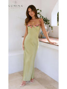 Lime green Chelsey maxi dress with floral details, designed for wedding guest attire by Lumina Vancouver.