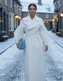 White Lumina Wear double-breasted structured coat dress with tailored fit, featuring a stylish collar and button details.