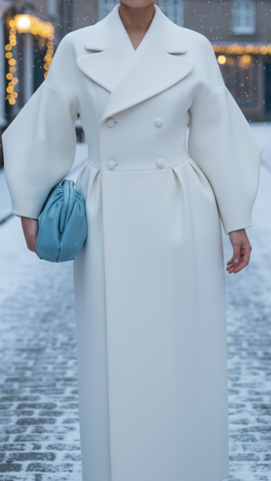 White Lumina Vancouver double-breasted structured coat dress, stylish and tailored for a sophisticated look.