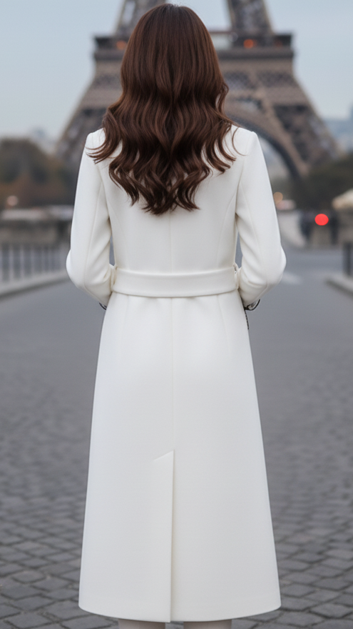 Long white coat by Lumina Vancouver, featuring a chic design, tailored fit, and soft fabric for stylish winter wear.