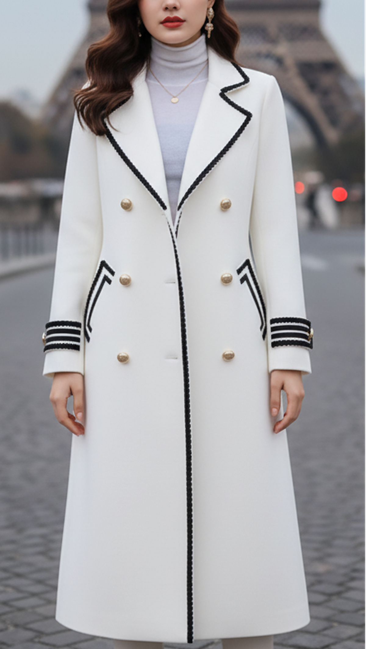 Long white coat by Lumina Wear featuring a chic design, perfect for stylish winter or fall outfits.