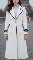 Long white coat by Lumina Vancouver, Chic collection, featuring a stylish, tailored design and sleek white fabric.