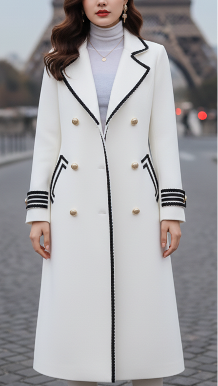 Long white coat by Lumina Vancouver, Chic collection, featuring a stylish, tailored design and sleek white fabric.