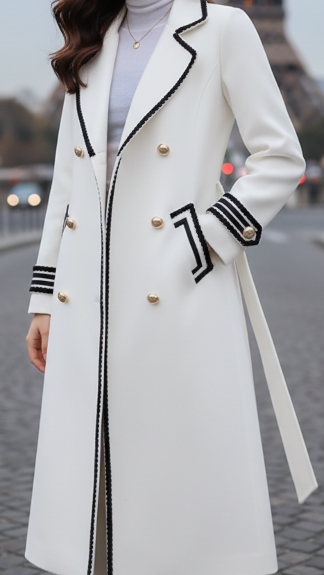 Long white coat by Lumina Vancouver, stylish Chic design, tailored fit, and elegant fabric, ideal for sophisticated winter fashion.