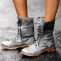 Black Chloe Rugged Lace-Up Combat Boots for Women by Lumina Wear, featuring sturdy design and thick soles.