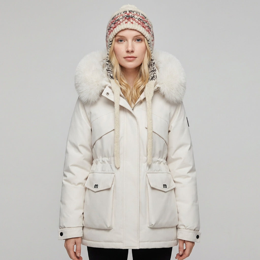 Lumina Wear Chloe utility parka jacket in khaki with faux-fur collar, stylish winter coat for women, XS size.