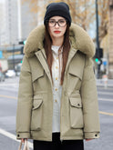 Lumina Wear Chloe utility parka jacket in khaki with faux-fur collar, stylish coat for cold weather, size XS.