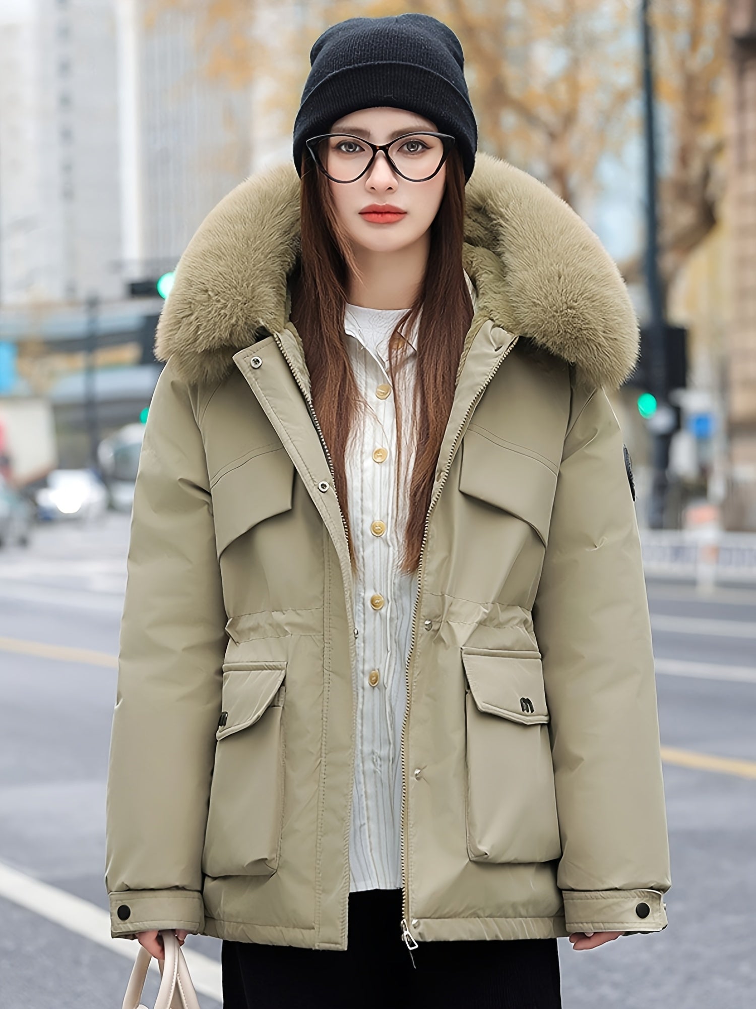 Khaki Chloe Lumina Wear utility parka jacket with faux-fur collar, lightweight and stylish for casual wear.