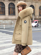 Lumina Wear Chloe utility parka jacket in khaki with faux-fur collar, featuring a stylish design and practical details.