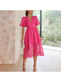 Pink Cindy Classic Patterned Puff Sleeve Midi Dress by Lumina Wear, featuring puff sleeves and a stylish midi length.