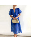 Pink Cindy Classic Patterned Puff Sleeve Midi Dress by Lumina Wear featuring a stylish midi length and puff sleeves.