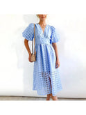 Pink Cindy classic patterned puff sleeve midi dress by Lumina Wear, featuring elegant design and stylish puff sleeves.