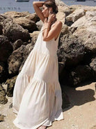 White Clarissa Ocean Breeze Maxi Dress by Lumina Vancouver, perfect for holiday vibes and summer occasions.