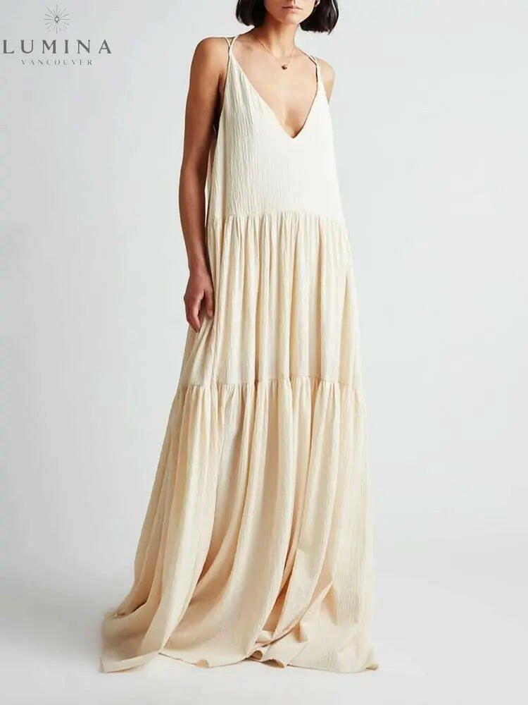 White Clarissa Ocean Breeze Maxi Dress by Lumina Vancouver, perfect for holiday vibes and summer outings.