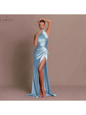 Pink Cleo Sleek Slit Gown by Lumina Wear, elegant evening dress with a high slit, perfect for wedding guests.