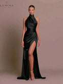 Pink Cleo Sleek Slit Gown by Lumina Wear, elegant evening dress with a high slit, perfect for wedding guests and formal occasions.