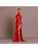Pink Cleo Sleek Slit Gown by Lumina Wear, elegant evening dress with side slit, perfect for wedding guests.