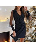 Black Cristina elegant sleeve wrap dress by Lumina Wear with pearl sleeves, stylish and sophisticated for special occasions.