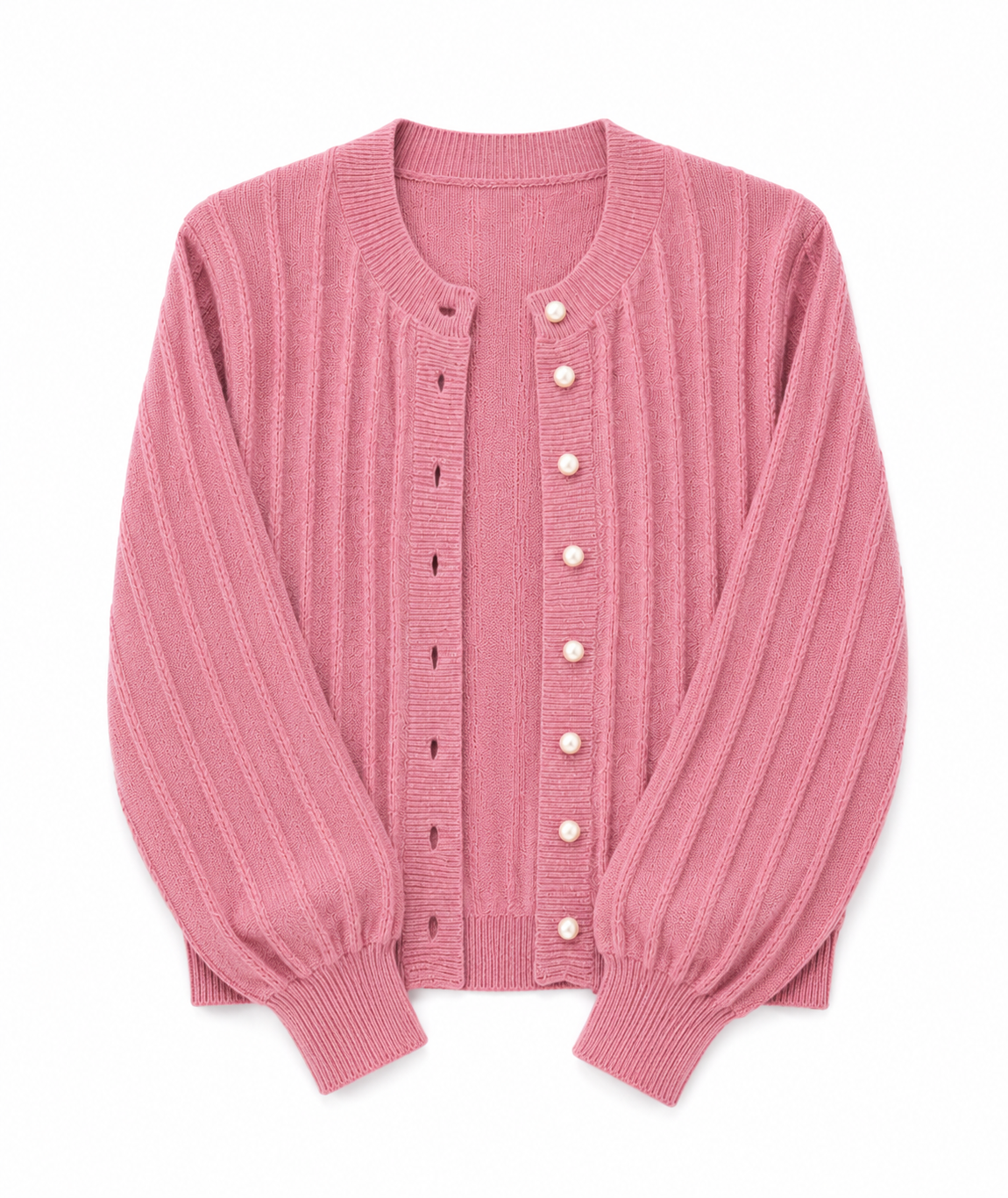 Lumina Wear Sophia cozy pink knit cardigan with open front, soft and stylish sweater for casual wear.